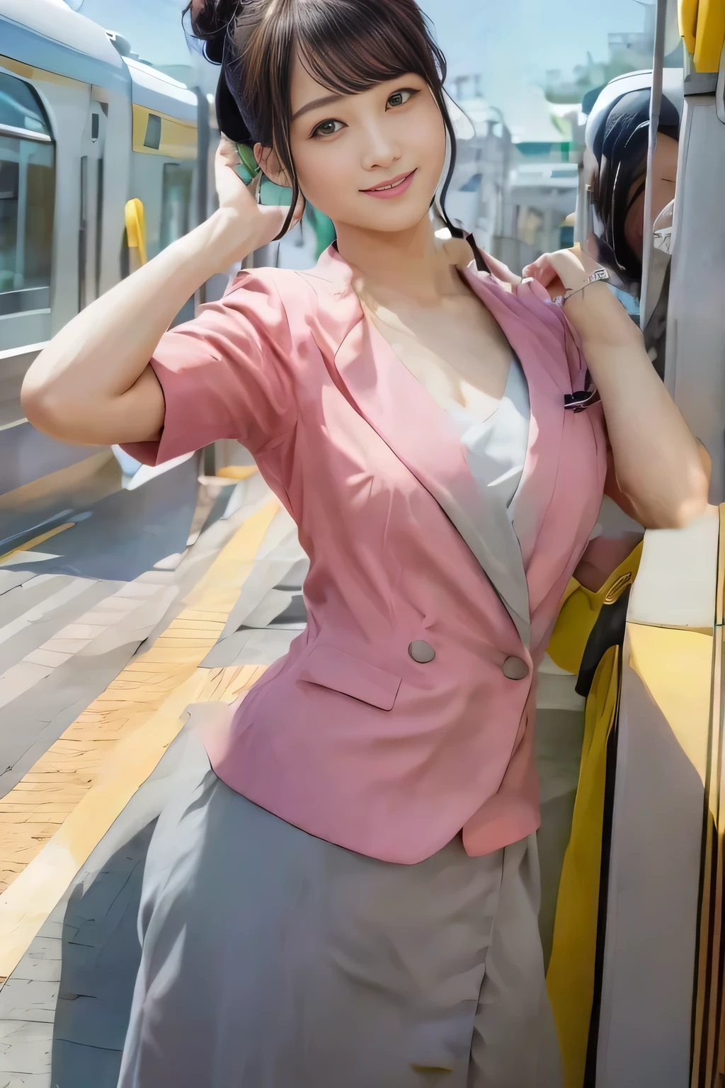 (masterpiece:1.2, highest quality:1.2), 32K HDR, High resolution, (alone、1 girl)、(On the rooftop of a building in the daytime、Professional Lighting)、Building rooftop background、(Nankai train crew uniform pinkを着たリアルスタイル)、(Nankai train crew uniform pink short sleeve pink jacket、Nankai Train Crew Uniform Pink Collarless Short Sleeve Blouse、Nankai Train crew uniform pinkのグレー色のキュロットスカート)、Dark brown hair、(Hair tied up、Hair Bun、Hair Bun)、Dark brown hair、Long Shot、Big Breasts、Thin legs、((Great hands:2.0)),((Harmonious body proportions:1.5)),((Normal limbs:2.0)),((Normal finger:2.0)),((Delicate eyes:2.0)),((Normal eyes:2.0)))、smile、(Nankai Train crew uniform pinkのグレー色のキュロットスカートを見せた美しい歩く姿)、Put your hands down