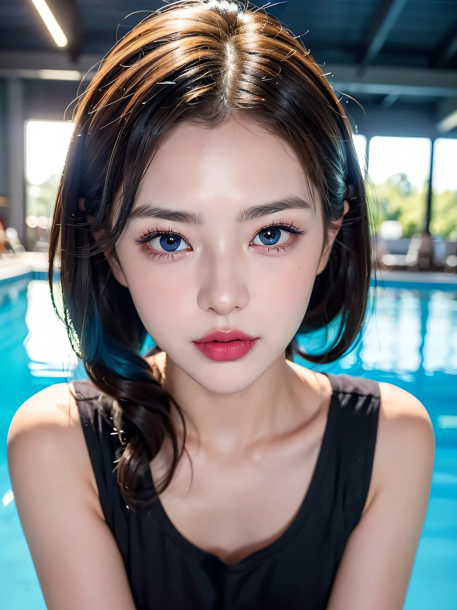 (((sfw:1.5)))、((Near the huge summer pool)), Real、8k、 ((Anatomically correct)),   18-year-old、1 female、Huge upper chest、Big cleavage、round face、Baby Face、Cute Smile、Sunburn、 A close-up of her face:0.6, Top quality soft lighting,Blue hair color、 ((realistic perfectly round brown_eye:1.3、Big Eyes、Dripping eye)), (Light tan complexion), ((Detailed pupils:1.4)), (Perfect Makeup:1.3), (Symmetrical lips:1.3)),(Bright shiny red_lipstick:1.35), ((Blue eyelashes: 1.17)), (Very detailed, Beautiful little nose:1.2), (Perfect composition), ((Sunburned skin:1.28)), ((Oily skin)), ((The blackＹshirt, The blackチューブトップブラジャー) , The background is simple and blue, The gaze is directed downwards at a low angle、 (((Anatomically correct)))、（Perfect Body Proportions)、(Natural Hands、Natural Fingers、Natural Legs)