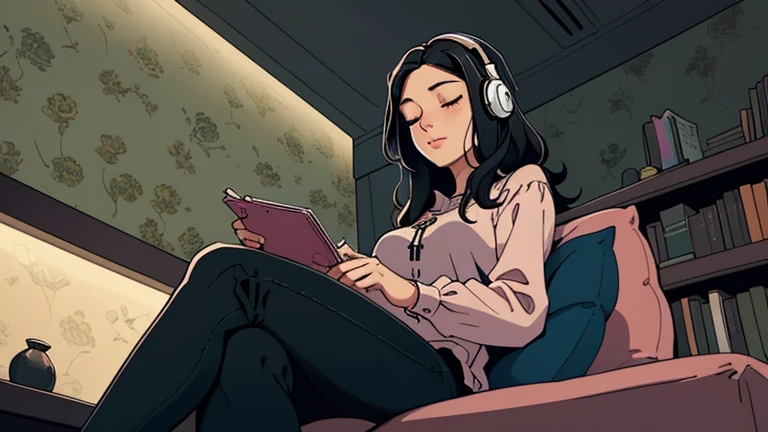 Beautiful woman in her 30s with black hair is sitting with headphones on the sofa. Looking down, eyes closed, LOFI girl, alone in the room, blouse, cozy wallpaper, big cushion, bookshelf, relaxing mood, night core, cozy, wide glass window with skyscrapers, outside view at night, only five fingers,