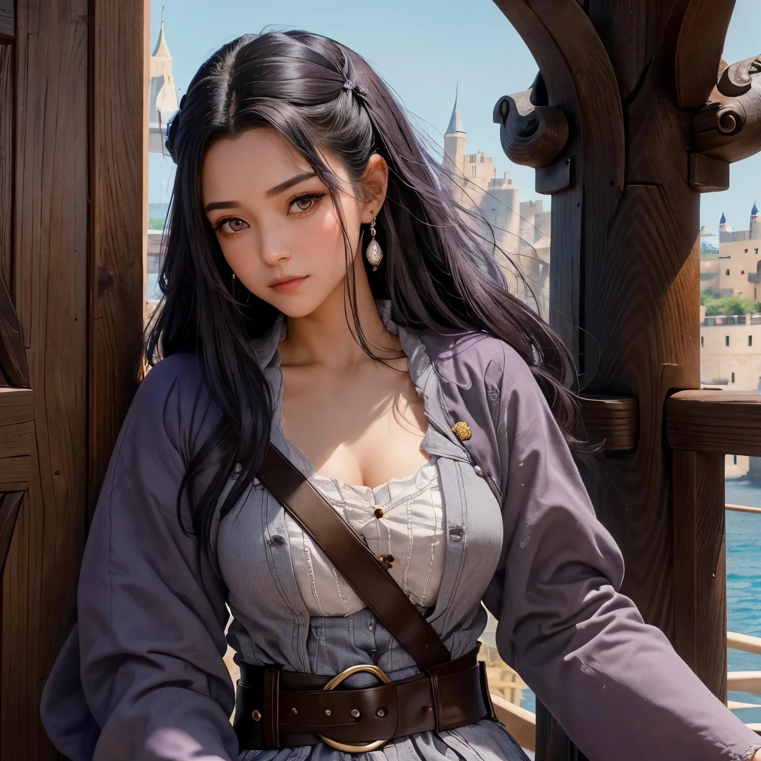 A 23 year old woman who has dark Violet and gray eyes and does not glare but has doe eyes.She is the daughter of a queen so she has leadership and elegance along with a soft heart. and her father was a pirate king so she had an energetic attitude and curiosity about the outside world