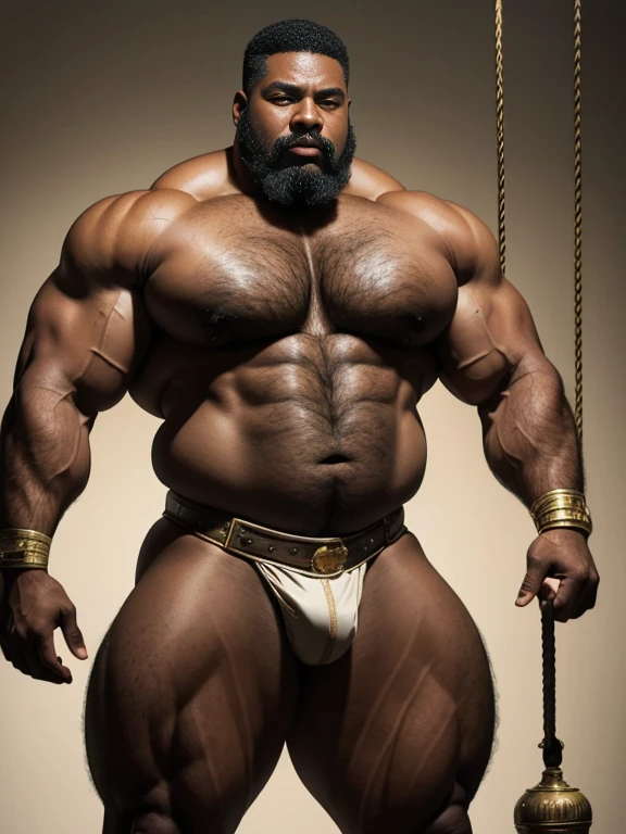 Hyperrealistic image of an elderly gray-haired African American superhero 19th century steampunk trapeze artist suspended in the air standing on a bronze hoop with a bare torso Combed gray hair and huge handlebar mustaches A super heavy bodybuilder flexing his muscles A full body obese bodybuilder with a very sweaty muscular body, extremely fat man over 70 years old weighing over 600 pounds. A very hairy muscular man with very big legs and big sagging pecs, pezones oscuros y ginecomastia en un escenario de circo steampunk con cortinas de terciopelo rojo y flecos, vestido dorado con calzas blancas y zapatos dorados.