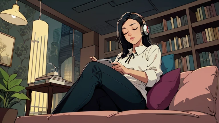 Beautiful woman in her 30s with black hair is sitting with headphones on the sofa. Looking down, eyes closed, LOFI girl, alone in the room, blouse, cozy wallpaper, big cushion, bookshelf, relaxing mood, night core, cozy, wide glass window with skyscrapers, outside view at night, only five fingers,