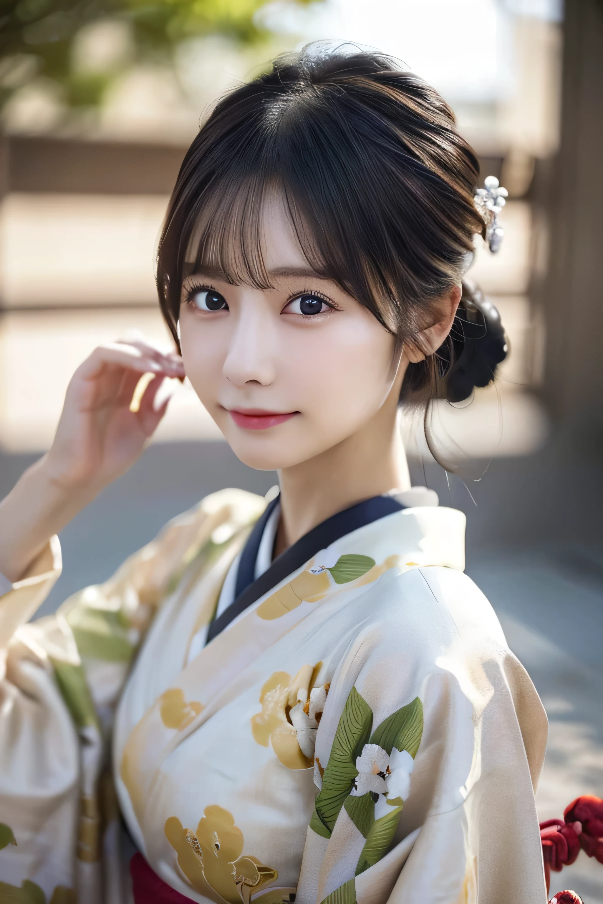 (Kimono)、((35 year old))、randome pose、(top-quality,​masterpiece:1.3,超A high resolution,),(ultra-detailliert,Caustics),(Photorealsitic:1.4,RAW shooting,)Ultra-realistic capture,A highly detailed,High resolution 16K human skin closeup、 Skin texture is natural、、The skin looks healthy with an even tone、 Use natural light and color,1 girl,japanes,,kawaii,A dark-haired,Middle hair,,smil,,(depth of fields、chromatic abberation、、Wide range of lighting、Natural Shading、)、