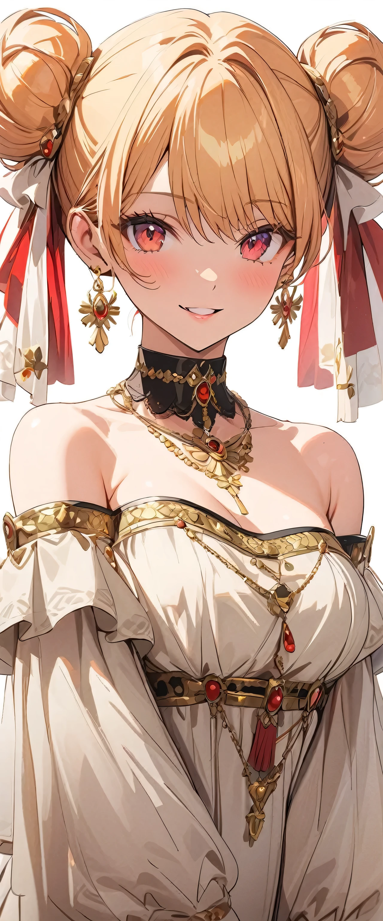 ((Top Quality)), ((Masterpiece)), (Detail), perfect face, fine eyes, depth of field, special shading, ((cowboy shot)), one beautiful girl, seductive Lips, medium breasts, Smile, (strawberry blonde hair, twin bun hair), (Chiemsee Tracht, luxurious ornaments:1.3), anime Style, fine skin