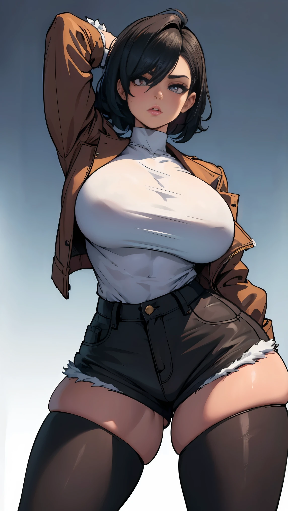 (masterpiece), best quality, expressive eyes, perfect face, 1girl, large breasts, heavy breasts, curvilinear waist, curvy wasit, thick thighs, tomboy, gothic, short hair, black hair, high waisted jeans shorts, brown jacket white shirt, printed shirt, black shorts, breasts larger than head, pale-skinned girl, soft-looking skin, blur background, female focus, White hair, black pantyhose, sidecut hairstyle, muscular thighs, muscular body, muscular female, muscular tomboy good hands 1k black glows mask 
