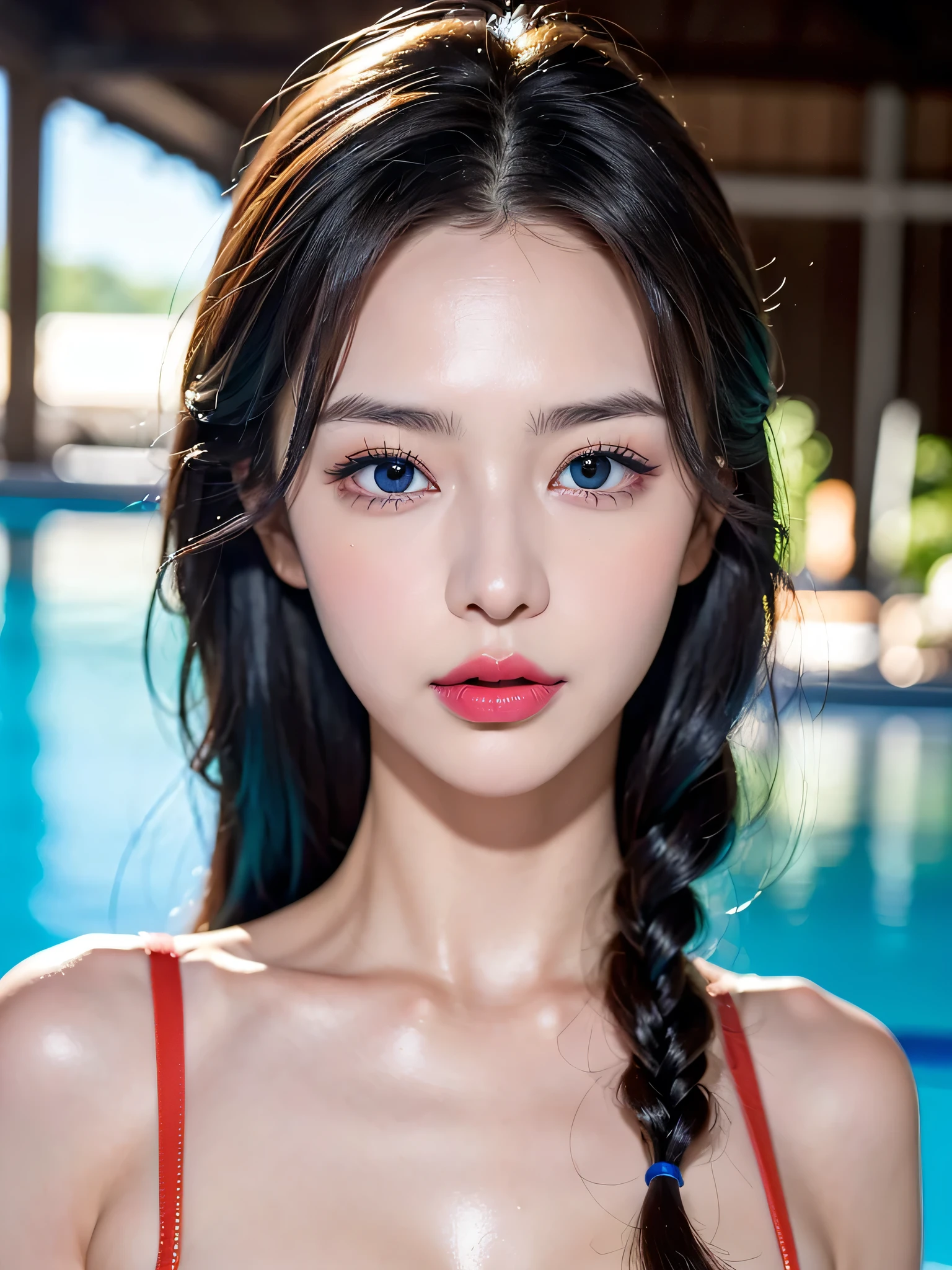 (((sfw:1.5)))、((Near the huge summer pool)), Real、8k、 ((Anatomically correct)),   18-year-old、1 female、Huge upper chest、Big cleavage、round face、Baby Face、Cute Smile、Sunburn、 A close-up of her face:0, Top quality soft lighting,Blue hair color、 ((realistic perfectly round brown_eye:1.3、Big Eyes、Dripping eye)), (Light tan complexion), ((Detailed pupils:1.4)), (Perfect Makeup:1.3), (Symmetrical lips:1.3)),(Bright shiny red_lipstick:1.35), ((Blue eyelashes: 1.17)), (Very detailed, Beautiful little nose:1.2), (Perfect composition), ((Sunburned skin:1.28)), ((Oily skin)), ((The blackＹshirt, The blackチューブトップブラジャー) , The background is simple and blue, The gaze is directed downwards at a low angle、 (((Anatomically correct)))、（Perfect Body Proportions)、(Natural Hands、Natural Fingers、Natural Legs)