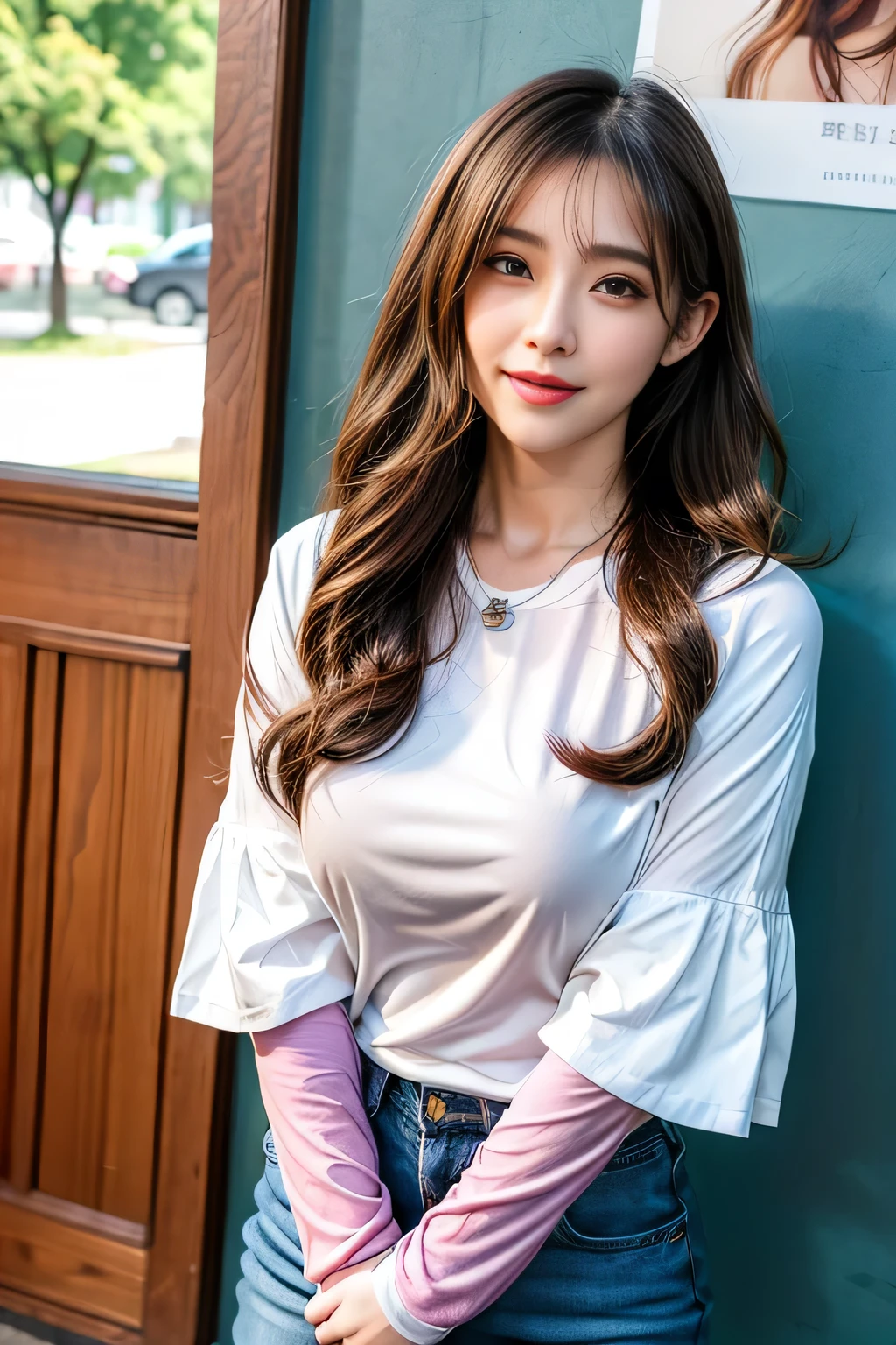 ((Full Body Angle))、((Front hair:1.3))、((highest quality, 8K, masterpiece: 1.3)), concentrated: 1.2, Cute girl 1,Nipples erect、 Perfect beauty: 1.4,Cut and sewn T-shirt Raglan sleeve summer short sleeve T-shirt.Shorts: 1.2,Long sleeve、Randall Color、comics&Text Graphics、Black ruffle-trimmed drawstring zip blouse,1.1, Highly detailed face and skin textures, Fine grain, double eyelid, whitening skin, ,highest quality,Ultra-high resolution,you,1 girl,alone,_Shiny_skin,Iris,necklace,((Brown_length_Wavy_hair)),(lips)),eyelash,Front hair,deal with,compensate,Shiny,pore,skin texture,Large Breasts、smiling face、stroll、