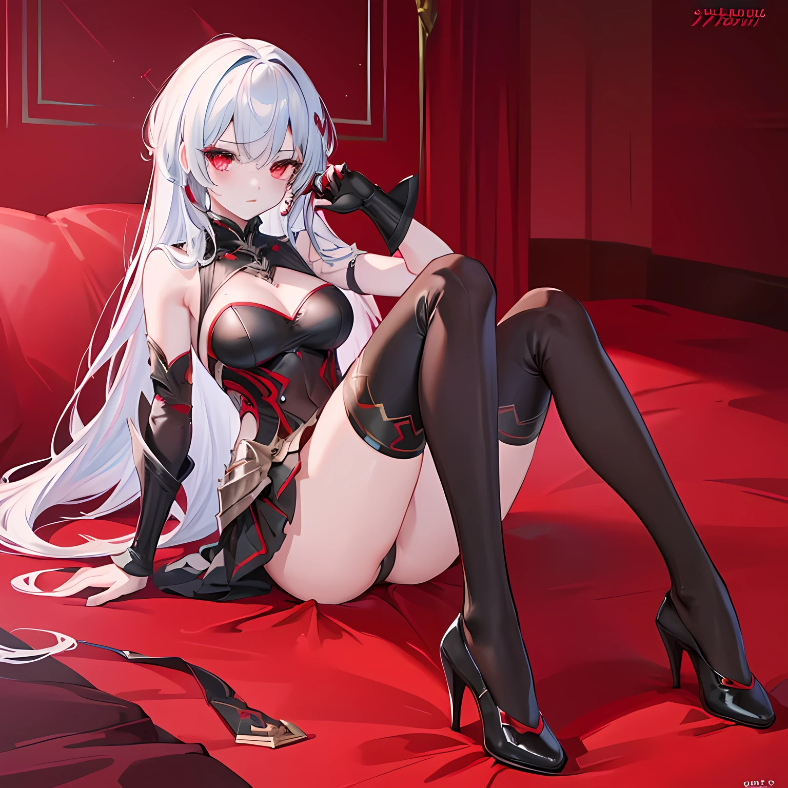 (high quality,4k,8k,highres,masterpiece:1.2),silver hair,red eyes,red and black armor, high heels, thigh highs.