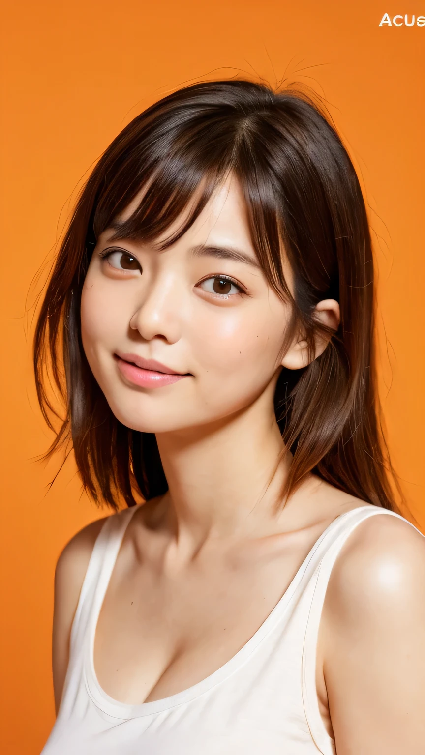 Sculpting sexy poses, (masterpiece:1.3), (8k, Realistic, RAW Photos, highest quality:1.4), (1 girl), Beautiful Face, Realistic face, (Detailed face), Beautiful Hairstyles,  (Thin Hair), Realistic eyes, (Fine Eyes), Beautiful details, Realistic skin, (Fine skin), Beautiful Skin, charm, Ultra-high resolution, Surreal, Very detailed, (Flat Chest:0.5), The Beauty of Japan, (Slim figure), kind, Brown Hair, Cute young Japanese girl, Cute young Japanese girl, (Simple Orange Background), Flat Chest :1.2, Accentuate your cleavage, Stagnation, Wide Shot, (ankle shot), Wearing a large T-shirt without a bra, Girlish, Protruding nipples, pubic hair
