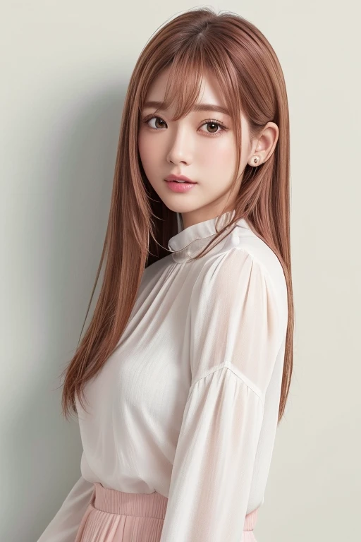 ((White long sleeve blouse))、(背景にWhite wall、Pink brown hair color:1.4)、White wall、In front of a white door、(窓のあるWhite wallの部屋)、((highest quality、8k、masterpiece:1.3))、Ultra-high resolution、(photoGenuineistic:1.4)、RAW Photos、Japanese,(face)、Genuine、Photographed in natural light、Highly detailed face and skin texture、Highly detailed lips、The correct state of the human body、Bob Hair、Various poses、Natural color lip、((Don't look at the camera))、Bobcut、Pastel colored clothes、landscape、profile、ダークPink brown hair color、Woman with single eyelid