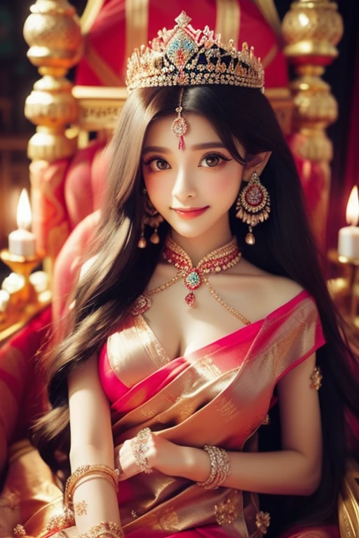 Beautiful girl, big eyes, long afro pink  hair, royal dress, best quality, ultra HD, charming, smiling at the viewer, Indian, fair skin, (royal saree draped under shoulder), golden jewellery, diamond necklace, (saree draped under shoulder) , inside, throne room,  stand up near to the throne, jewelry crown, medium breast, from front ,full body, night, light of candles