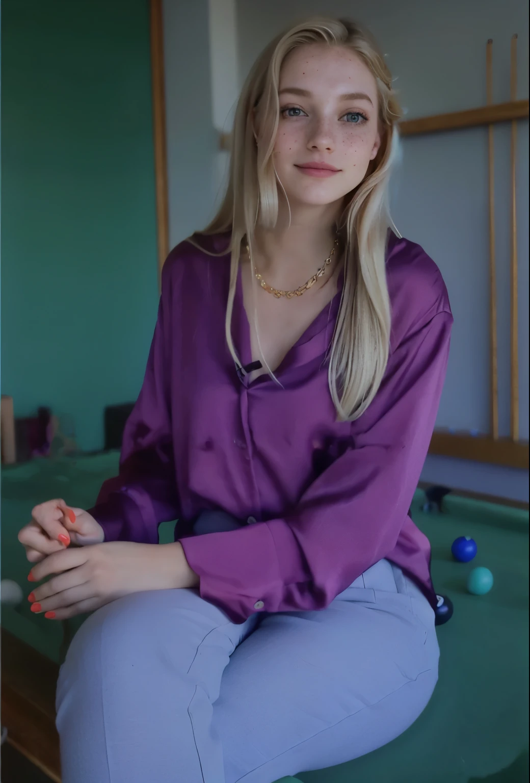 uma mulher, americana, 25 anos, pale skin and freckles, olhos cinzas, nariz delicado, soft and delicate lips, longo, cabelo blondie longo e ondulado na altura da cintura, sorriso meigo, face with delicate feminine facial features, altamente renderizado
