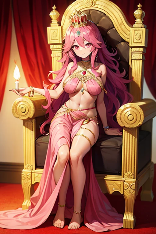 Beautiful girl, big eyes, long afro pink hair, royal dress, best quality, ultra HD, charming, smiling at the viewer, Indian, fair skin, (royal saree draped under shoulder), golden jewellery, diamond necklace, (saree draped under shoulder) , inside, throne room, stand up near to the throne, jewelry crown, medium breast, from front ,full body, night, light of candles, show breast,spread breast