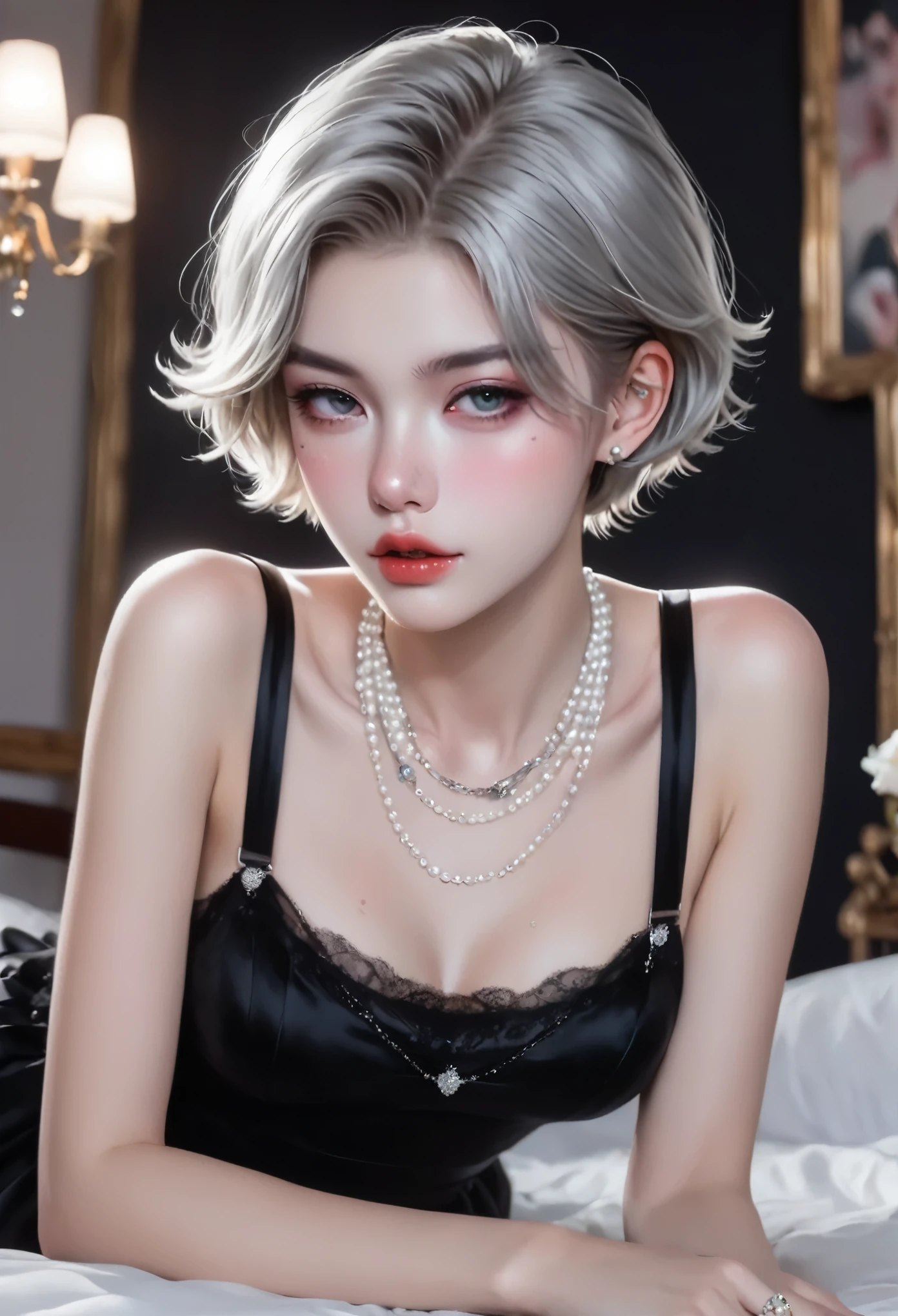 1 Girl，Silver short hair，Beautiful facial features，Exquisite makeup，small freckles，Pearl necklace，Black suspender skirt，Shoulder，arm