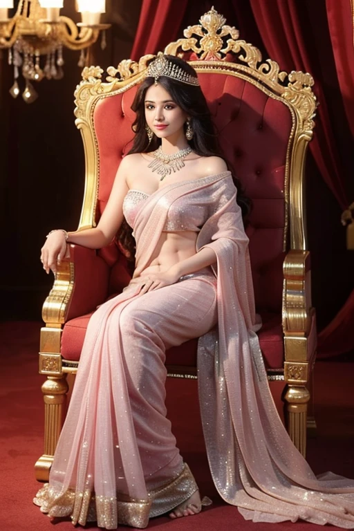 Beautiful girl, big eyes, long afro pink hair, royal dress, best quality, ultra HD, charming, smiling at the viewer, Indian, fair skin, (royal saree draped under shoulder), golden jewellery, diamond necklace, (saree draped under shoulder) , inside, throne room, stand up near to the throne, jewelry crown, medium breast, from front ,full body, night, light of candles