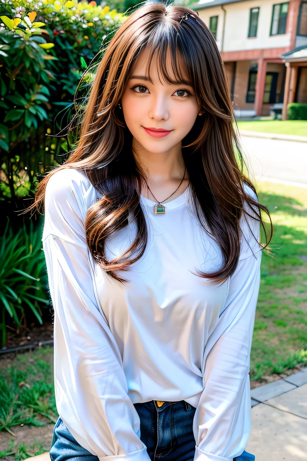 ((Full Body Angle))、((Front hair:1.3))、((highest quality, 8K, masterpiece: 1.3)), concentrated: 1.2, Cute girl 1,Nipples erect、 Perfect beauty: 1.4,Cut and sewn T-shirt Raglan sleeve summer short sleeve T-shirt.Shorts: 1.2,Long sleeve、Randall Color、comics＆Text Graphics、Black ruffle-trimmed drawstring zip blouse,1.1, Highly detailed face and skin textures, Fine grain, double eyelid, whitening skin, ,highest quality,Ultra-high resolution,you,1 girl,alone,_Shiny_skin,Iris,necklace,((Brown_length_Wavy_hair)),(lips)),eyelash,Front hair,deal with,compensate,Shiny,pore,skin texture,Large Breasts、smiling face、stroll、garden、