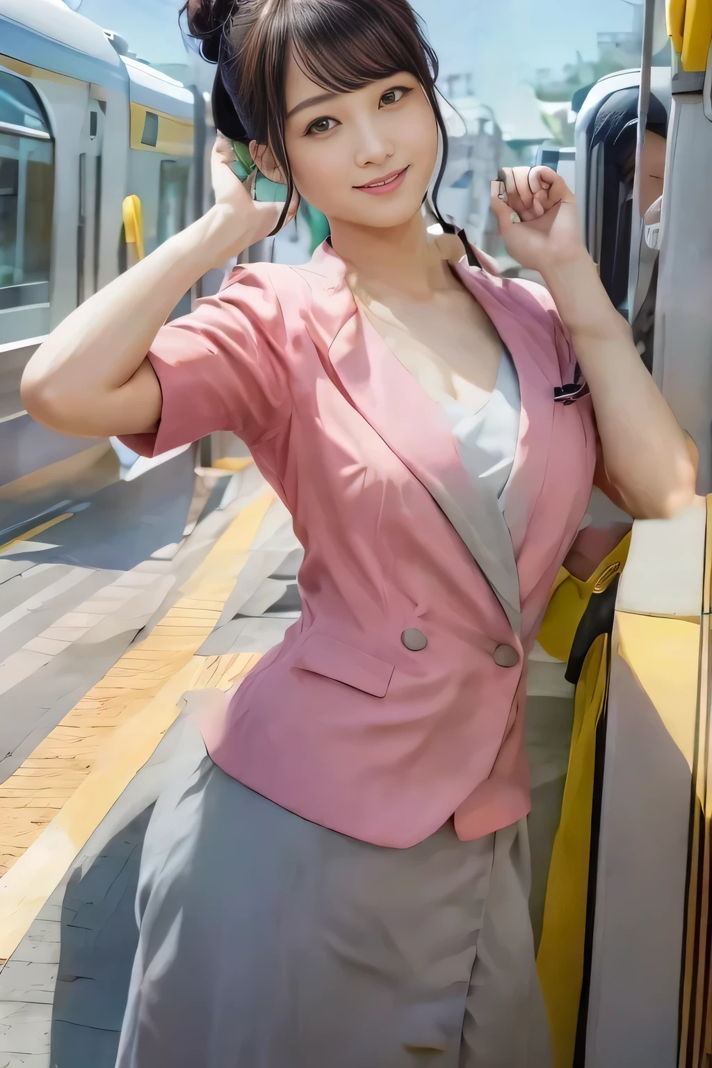 (masterpiece:1.2, highest quality:1.2), 32K HDR, High resolution, (alone、1 girl)、（On the rooftop of a building in the daytime、Professional Lighting）、Building rooftop background、（Nankai train crew uniform pinkを着たリアルスタイル）、（Nankai train crew uniform pink short sleeve pink jacket、Nankai Train Crew Uniform Pink Collarless Short Sleeve Blouse、Nankai Train crew uniform pinkのグレー色のキュロットスカート）、Dark brown hair、（Hair tied up、Hair Bun、Hair Bun）、Dark brown hair、Long Shot、Big Breasts、Thin legs、（（Great hands：2.0）），（（Harmonious body proportions：1.5）），（（Normal limbs：2.0）），（（Normal finger：2.0）），（（Delicate eyes：2.0）），（（Normal eyes：2.0））)、smile、（Nankai Train crew uniform pinkのグレー色のキュロットスカートを見せた美しい歩く姿）、Put your hands down