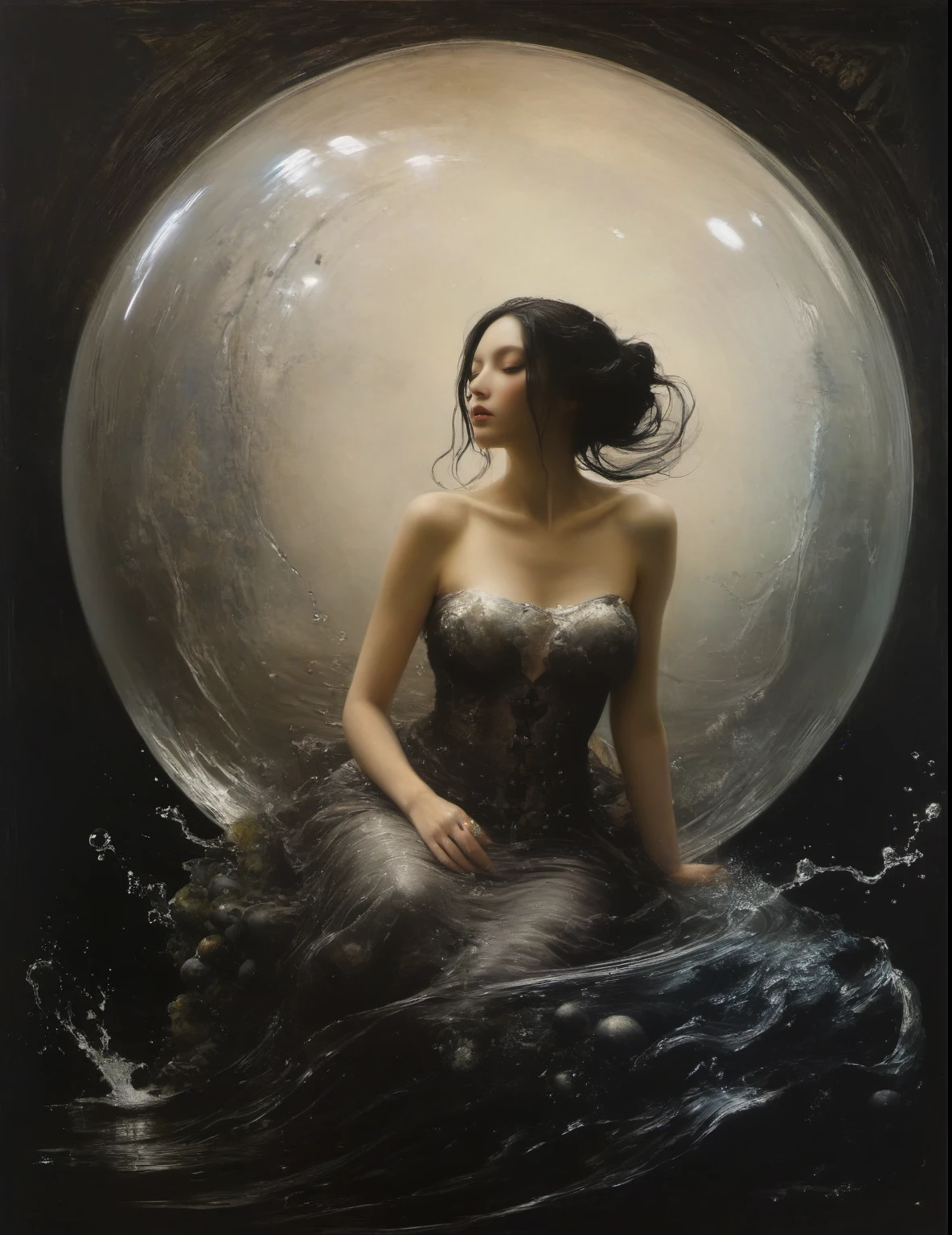James Gurney, Surrealist art , dream-like, Mysterious, Provocative, symbolic, Complex, detailed,, (Gothic but very beautiful:1.4), (masterpiece, highest quality:1.4) , Nicola Samori Style, Goddess-like mermaid、Water Bubble Boom