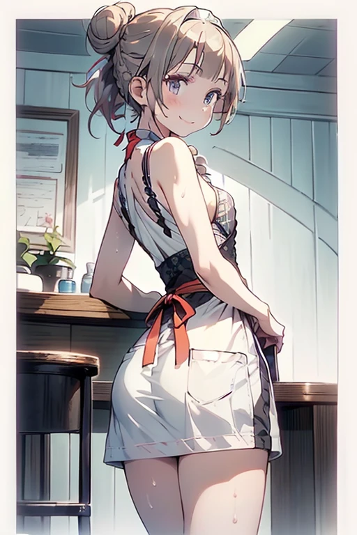 (A masterpiece of image quality in 8K),(Beautiful Allafed Woman),(((emphasizing breasts:1.1))),(Dynamic angles),(Dynamic and sexy bending pose:1.3),(sit a chair:1.1),(Short hair in shiny silver and orange inner colors,small full breasts,Disturbance of clothing due to movement,breast slip,(Ponytail twisted buns adorned with elaborate braids and beads,Braided Setup Fishbone Hair,),(see-through bangs),(perky chest:1.1), (pointed chest:1.3), small breasts、(((A white lace apron that shows your bare skin from under your small breasts)))、Blush with embarrassment、Enraptured eyes、A smile that beguiles the viewer、(Look back:1.7)、Look into the photographer,skin glistening with sweat,gazing at viewer,,(Professional Lighting),(8K,masutepiece,top-quality,Ultra-high resolution output image,),(Ultra HD with complex detail image modes),depth of fields,Beautiful hands,Beautiful fingers,Detailed finger features,(Detailed hair features:1.7),detailed facial features,detailed clothes features, (perky chest:1.1), (pointed chest:1.3),