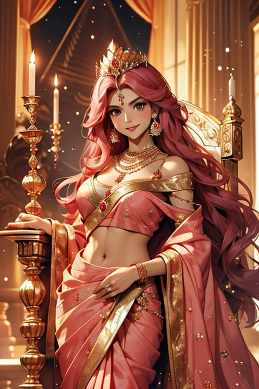 Beautiful girl, big eyes, long afro pink hair, royal dress, best quality, ultra HD, charming, smiling at the viewer, Indian, fair skin, (royal saree draped under shoulder), golden jewellery, diamond necklace, (saree draped under shoulder) , inside, throne room, stand up near to the throne, jewelry crown, medium breast, from front ,full body, night, light of candles