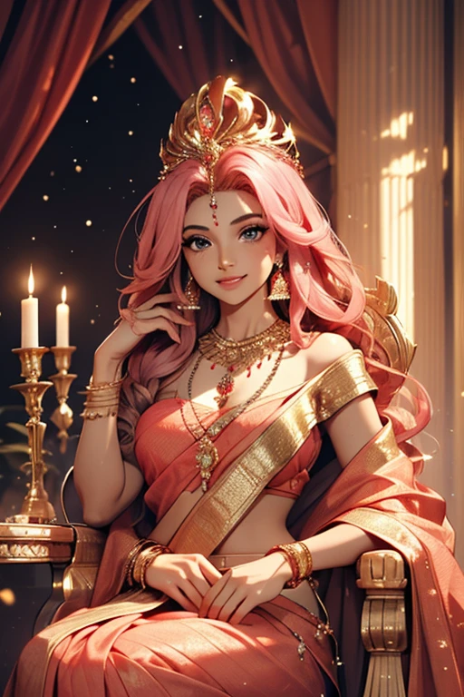Beautiful girl, big eyes, long afro pink hair, royal dress, best quality, ultra HD, charming, smiling at the viewer, Indian, fair skin, (royal saree draped under shoulder), golden jewellery, diamond necklace, (saree draped under shoulder) , inside, throne room, stand up near to the throne, jewelry crown, medium breast, from front ,full body, night, light of candles
