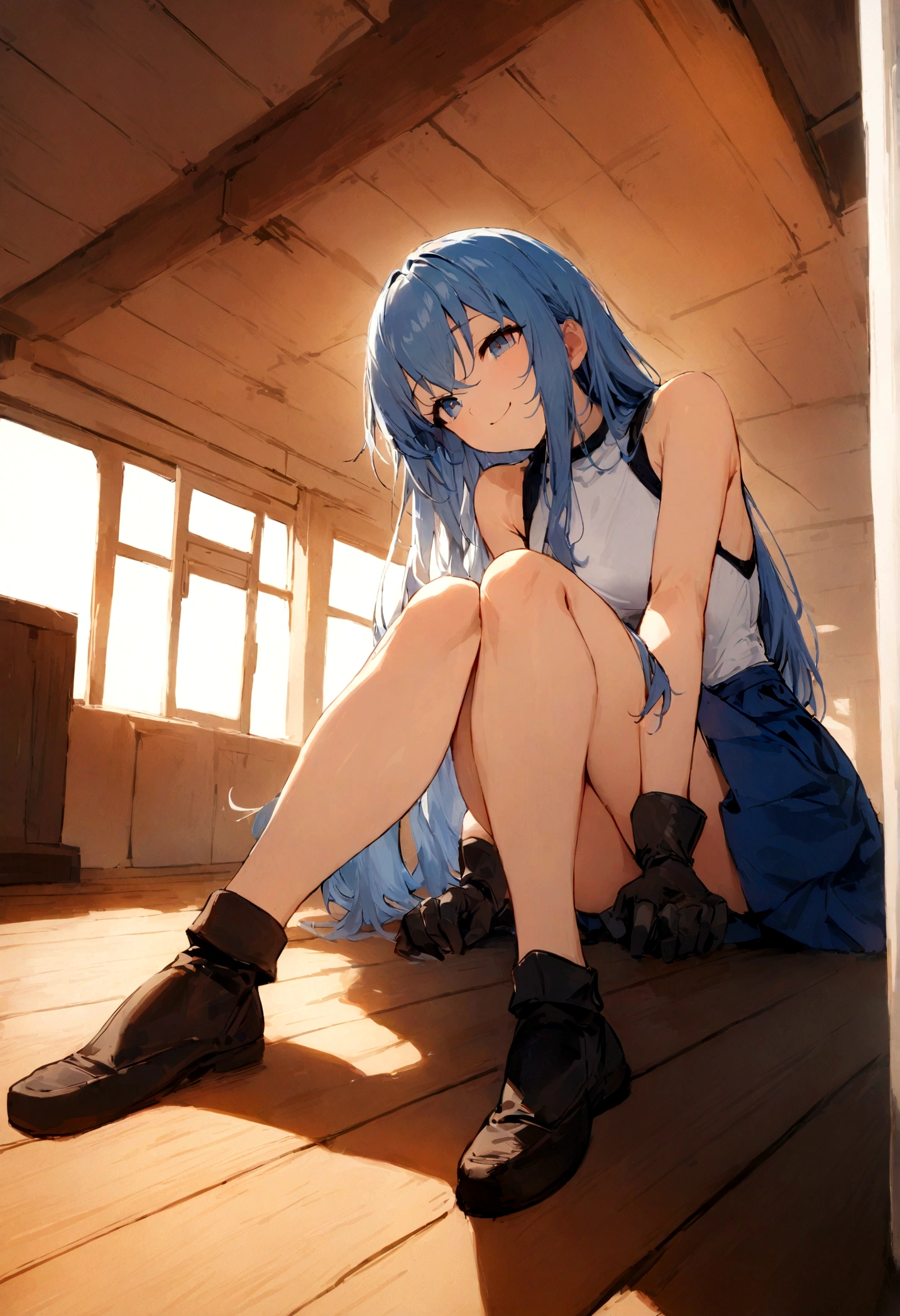 best quality, masterpiece, 1 Girl, Solitary, ferry, long hair, ferryBase, High Leg Raise, Bare shoulders, Jewelry, Sleeveless, White Dress, Blue skirt, Gloves, floor room, floor, Wooden floor, sit, sit on floor, from below, Put your hands on your legs, Smile, soft light, whole body,