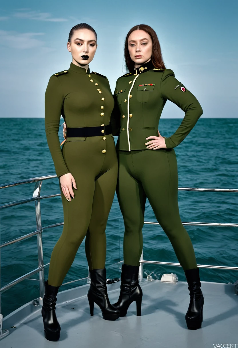 Two women in army green outfits posing for a picture, a colorized photo inspired by Vanessa Beecroft, trending on cg society, digital,big  art, thicc, tight outfit, thick thigs, tight attire, tight fit, wearing military outfit, militaristic!!!, thick, varying thickness, wearing tight suit, miltary, perfect military composure, army, thick body standup take photo on the boat in the sea