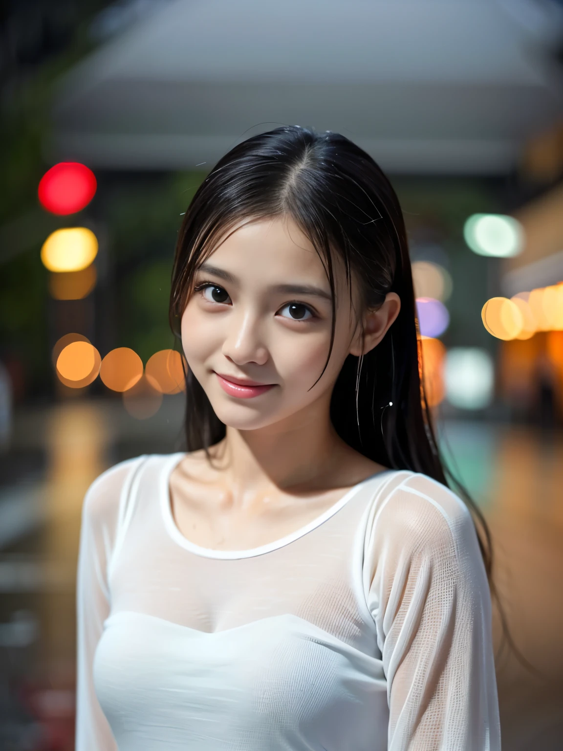 (Best-quality, Masterpiece, Ultra-High-Resolution, (Photorealistic:1.4), Raw Photo, depth of field, professional lighting, perfect anatomy, extremely details), 1girl, the most famous Japanese idol, innocent smile, cowboy shot, at street in heavy-rain, wearing very wet clothes from heavy-rain, extremely wet hair from heavy-rain, extremely wet body from heavy-rain