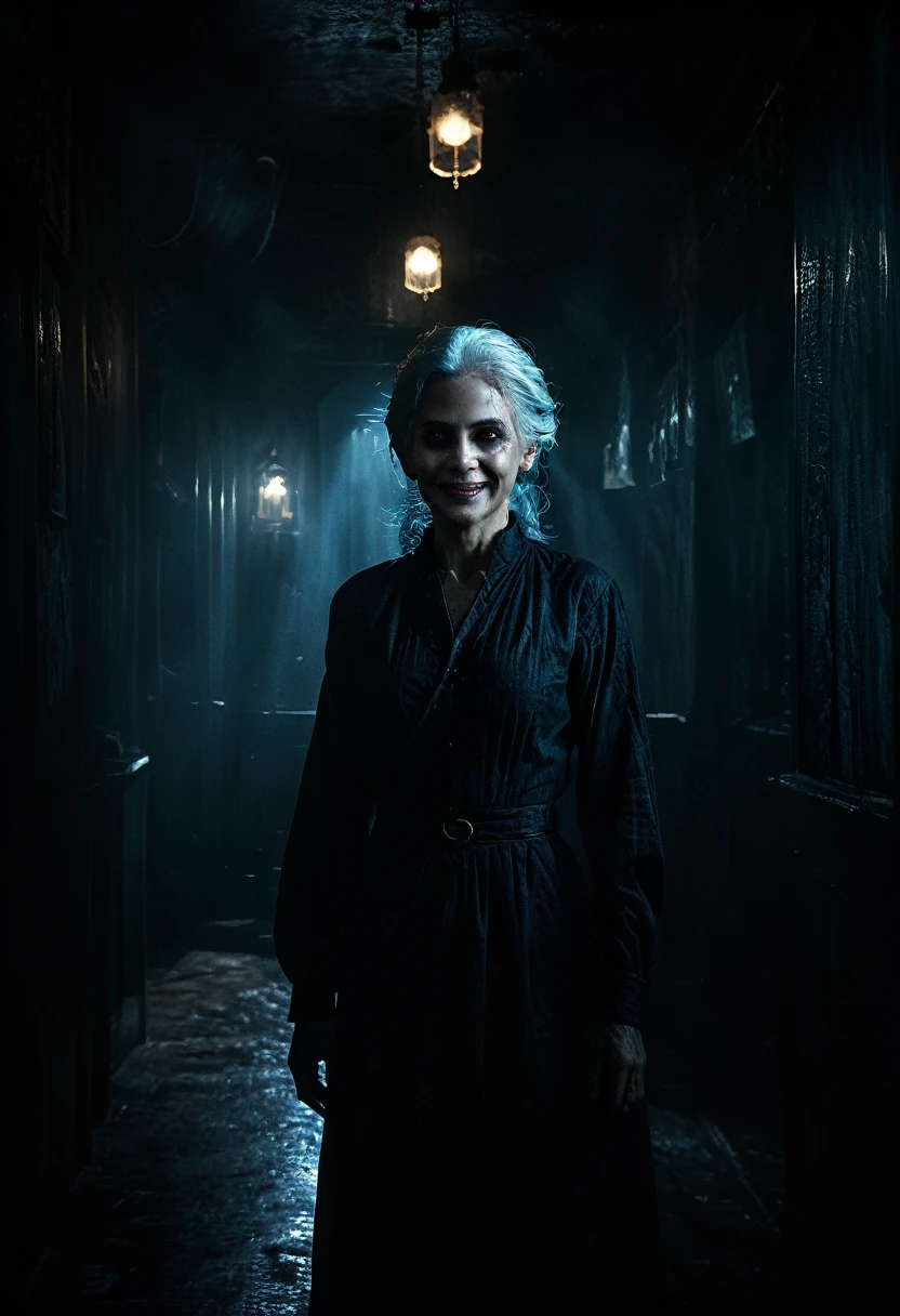 A terrifying and eerie ghostly woman with white hair, glowing eyes, and an evil grin standing in the dark shadows of her haunted house. The image is an unreal engine render in the style of a haunted scene.,xianxia,anatomical correct