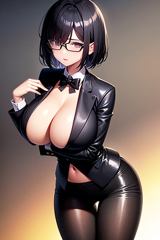 Shiny skin,Soft Breasts,The valley is visible,Thin thighs,Glasses,boyish,Very Short Hair,cool,Hair covers one eye, Narrow waist,Asymmetrical bangs、Biggest Chest、very big chest、Huge breasts、business suit、