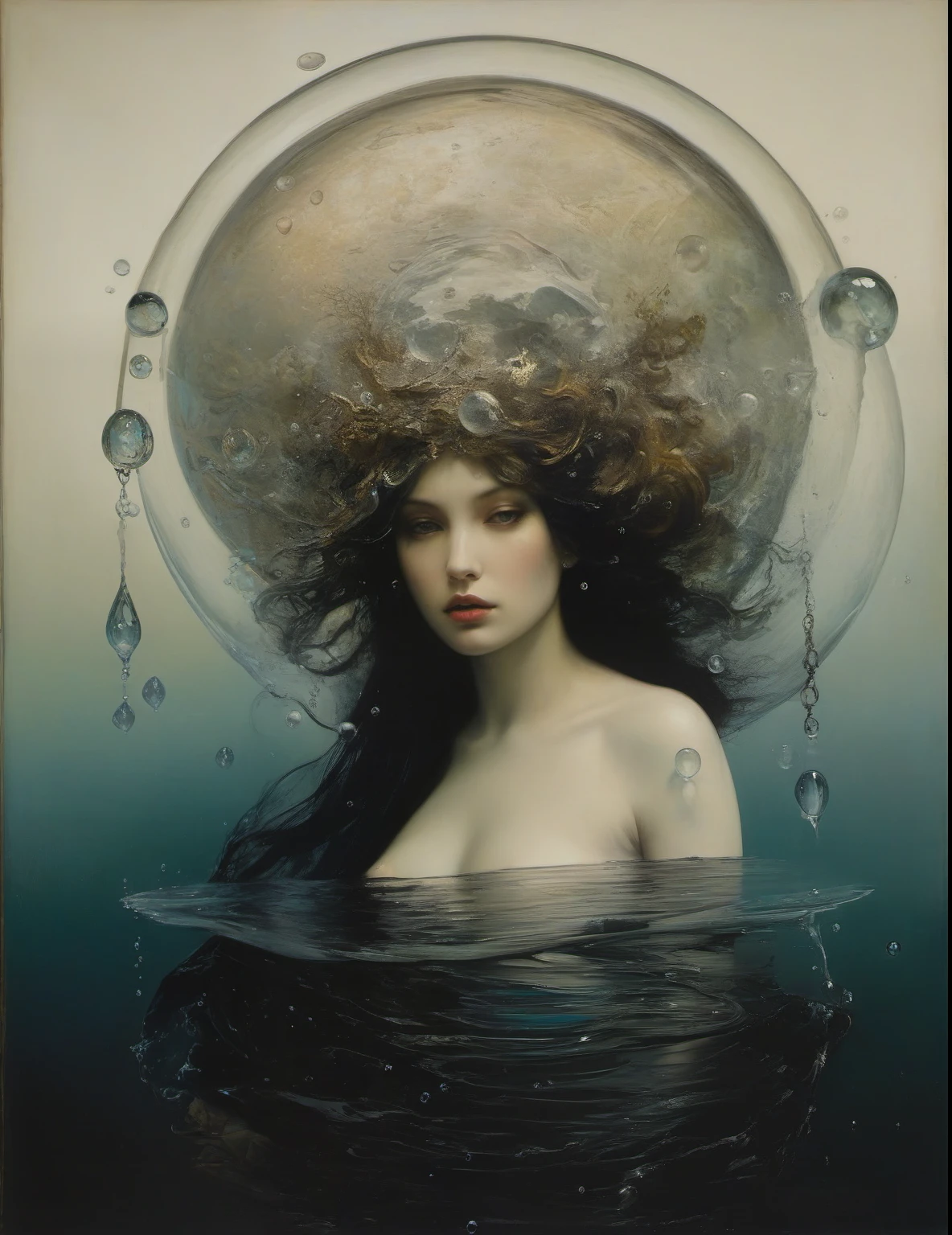 James Gurney, Surrealist art , dream-like, mysterious, Provocative, symbolic, Complex, detailed,, (Gothic but very beautiful:1.4), (masterpiece, Highest quality:1.4) , Nicola Samori Style, The moon kissed the mermaid , Water bubbles