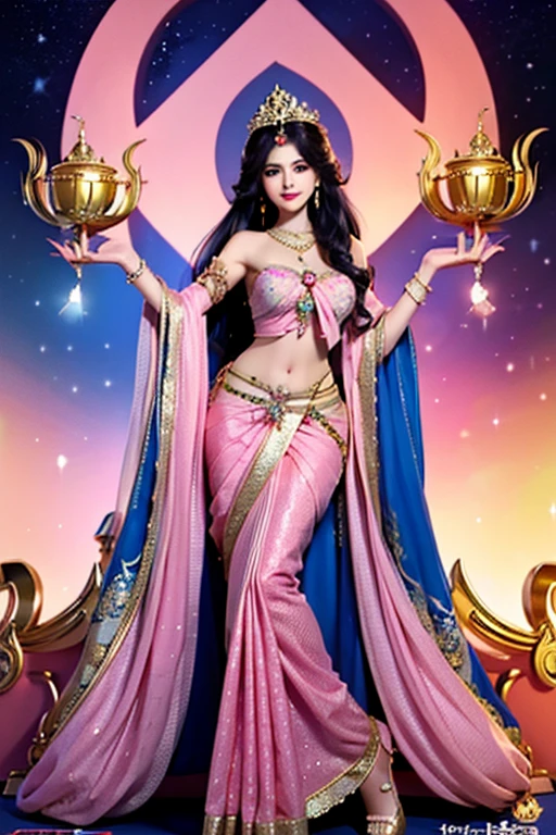 Beautiful girl, big eyes, long afro pink hair, royal dress, best quality, ultra HD, charming, smiling at the viewer, Indian, fair skin, (royal saree draped under shoulder), golden jewellery, diamond necklace, (saree draped under shoulder) , inside, throne room, stand up near to the throne, jewelry crown, medium breast, from front ,full body, night, light of candles