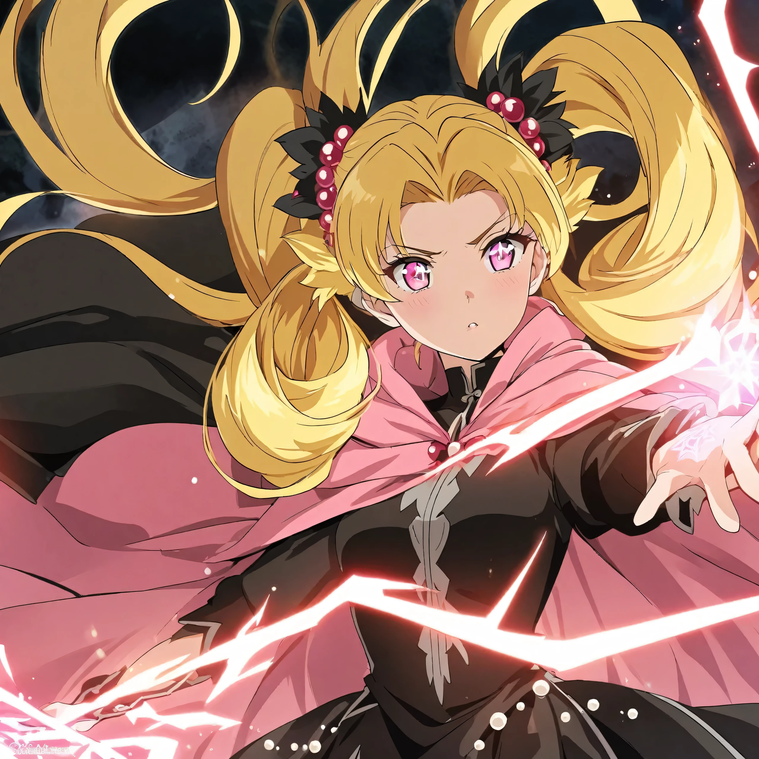 anime Style,HD,Fantasy 1female(Girl,adult age,anime girl,dark yellow hair,long twintail hair,Luchia Hair style,black eye,black cloak,black outfit,red Pearl,magic spell effect), 1female(Girl,adult age,anime girl,yellow hair,long twintail hair,Luchia Hair style,pink eye,pink cloak,black outfit,Pearl colored,sparkling pearls,magic spell effect)