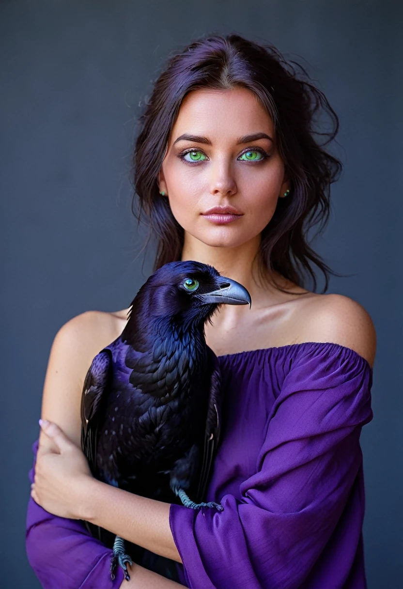 Brunette girl with green eyes, in an open purple top, A raven sits on his shoulder.
