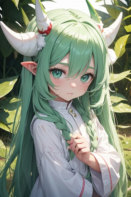 A three year old ??? with white long hair, fair skin, green eyes and white horns