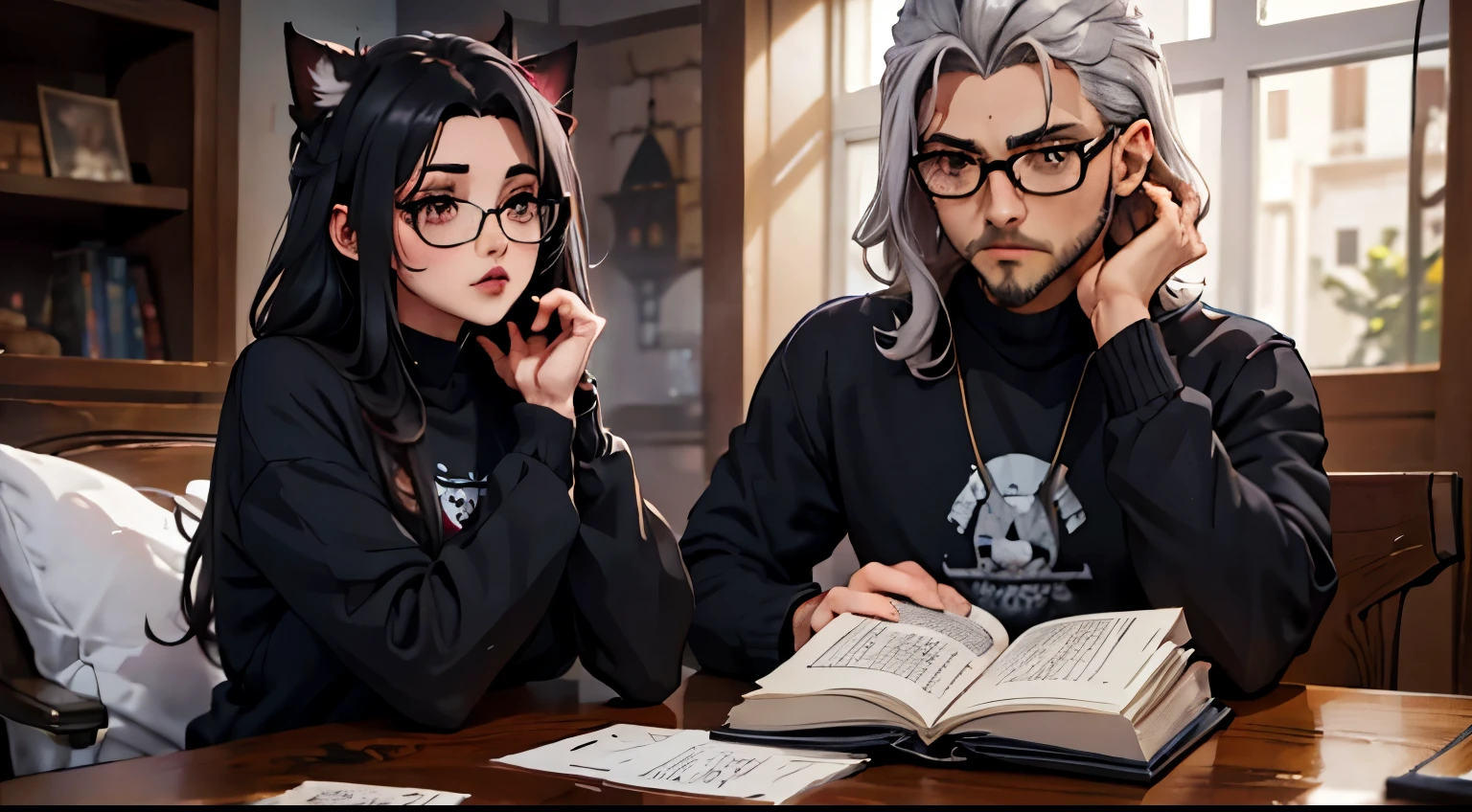 hombre con rizado, pelo gris mediano y barba gris. // dentro de la oficina // junto a una hermosa mujer junkotvv con gafas, pelo ondulado negro, orejas de gato y ojos rojos.