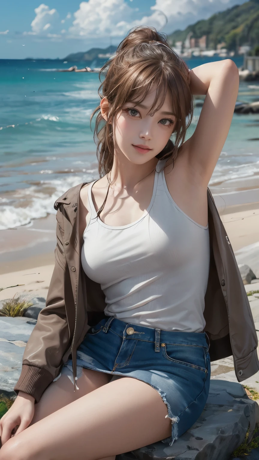 (masterpiece:1.2), (photorealistic:1.2), (best quality),((realistic:1.3)), (detailed skin:1.3), (intricate details), 1girl, dramatic, quality,realistic lighting, ponytail, medium breasts,1girl,aalisa, long hair, blunt_bangs, brown hair, grey eyes, smile,looking at viewer, solo, highres, beach, Raise hands, Thigh, Nice hands, Detailed hands, detailed eyes, good eyes, singlet, long levis, Sit on a rock , jacket, Armpit 