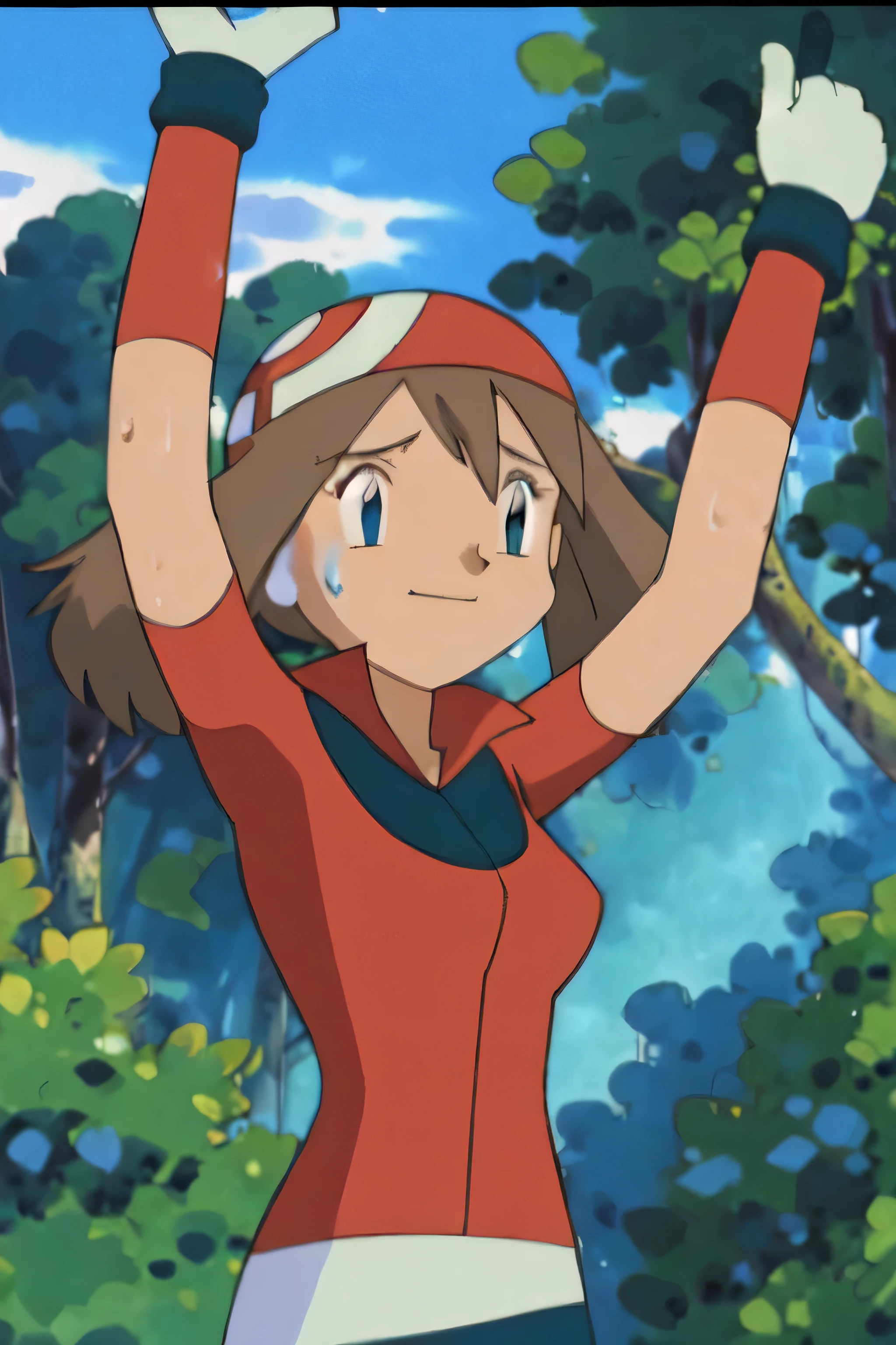 May, sleeveless,red top,sweating,smiling,forest in background, village, blue sky,moderately sized breasts, high quality, masterpiece mature appearance,armpits,sweat,sweaty,sweaty armpits,arms up,showing armpits,awesome armpits,outfit,blackish red arm warmers,maroon arm bands, maroon arm warmers,both arms raised