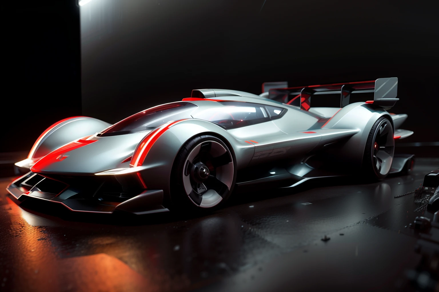 plasttech, synthetic, scifi,super race car in cyberpunk street city at night, neons, rain, fog, detailed, intricate