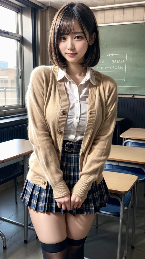 masterpiece, best quality, illustration, Super detailed, fine details, High resolution, 8K,wall paper, perfect dynamic composition,(Details High quality, realistic depiction of eyes:1.3), High School Classroom、High school girl uniform、Cardigan、Super Short Check Uniform Skirt、Navy blue high socks、garterbelts、Colossal tits、Disturbed uniform、short bob hair, black hair color, Big Natural Color Lip, bold sexy pose, (perfect body shape), crying a little、Harajuku style、20 year old girl、cute type, beautiful legs, hposing Gravure Idol, Voluptuous thighs