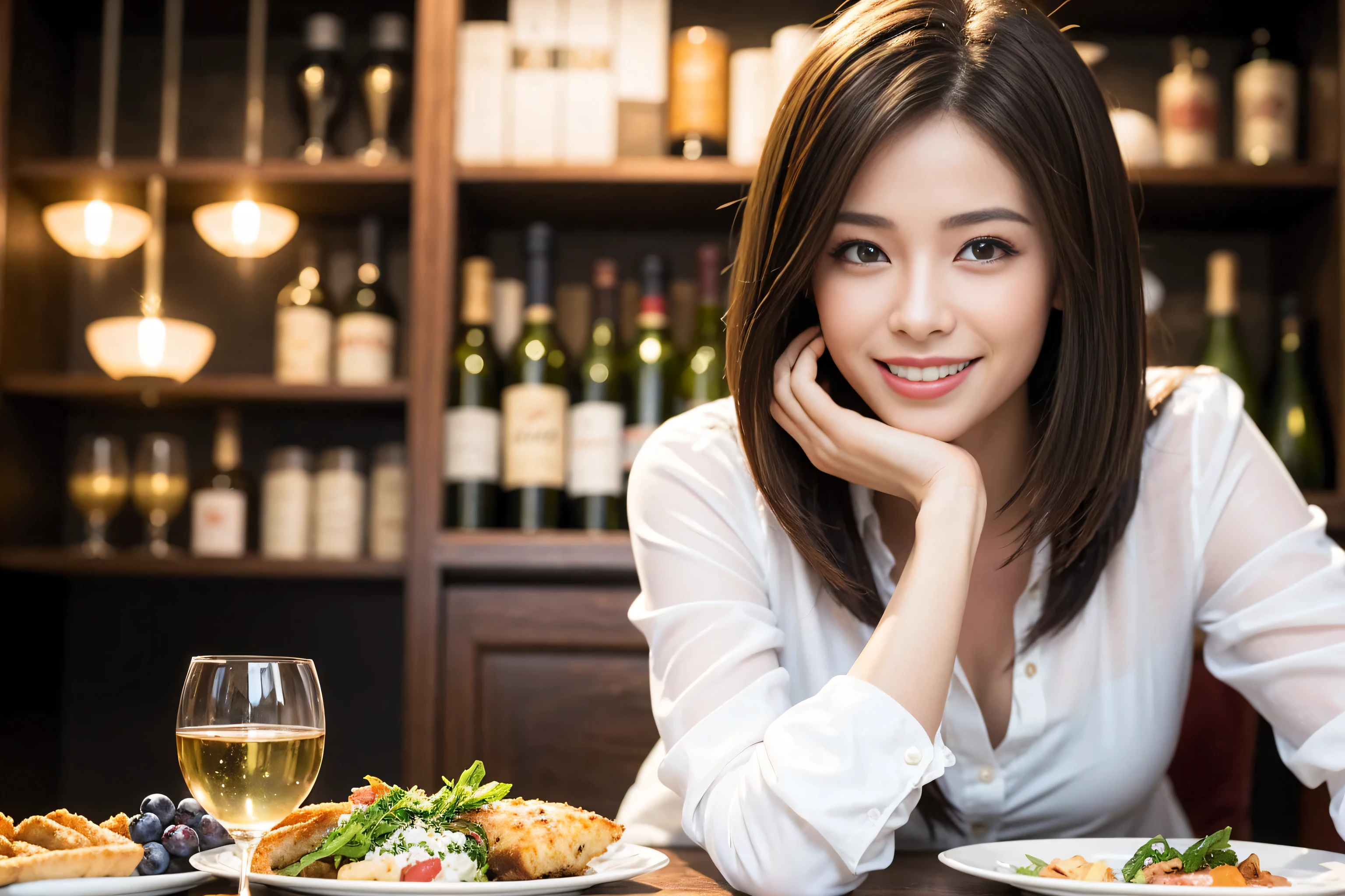 ((highest quality、8k、masterpiece:1.3))、1 woman who resembles Satomi Ishihara、Beauty Couple、Lovers、Couple、full-course dinner、The body is slim、((Bob Hale、Straight hair:1.2)), (Realistic, Intricate details:1.2), Wine glass on the table、Lighting the face、 Amazing view of the sunset sky and clouds、A bright smile、The wonderfulness of smile、Bright image、Beautiful Face, short hair,Bright Face、 (42 years old), 39 years old, red wine 、Appetizers、Italian food、Wine bottle、Champagne、sparkling wine、Two beauties、Brown Hair、Shortcuts、Long sleeve shirt、dress、Nova Frog Style, actress, model, Upper Body, White wine, slim, wine glass, A wine glass placed in the center, smile, (smile: 1.15), Beautiful fine grain, Depth f/2,saturation, High Contrast, Strong light and shadow,Moist Body:1.5、3D texture、Delicate eyes、Brown Hair、The hair is very shiny、