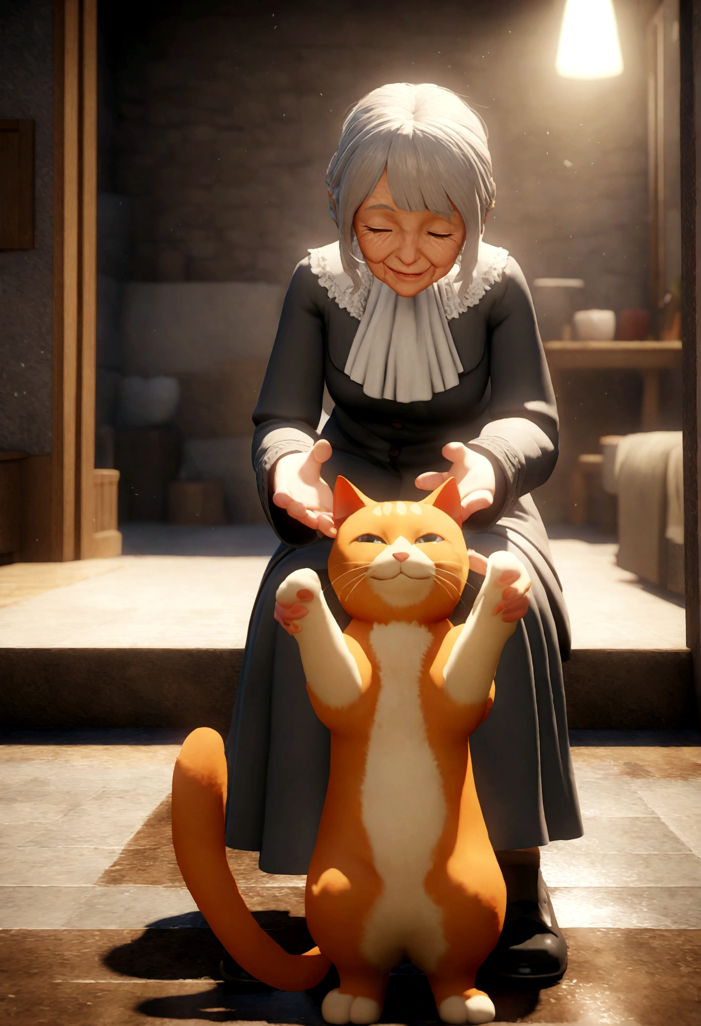 3D Animation, personality: An old lady with a warm smile gently drying the rain from the orange cat's fur. Show kindness and compassion in her expression as she lifts him up. Unreal engine, hyper real --q 2 --v 5.2 --ar 16:9