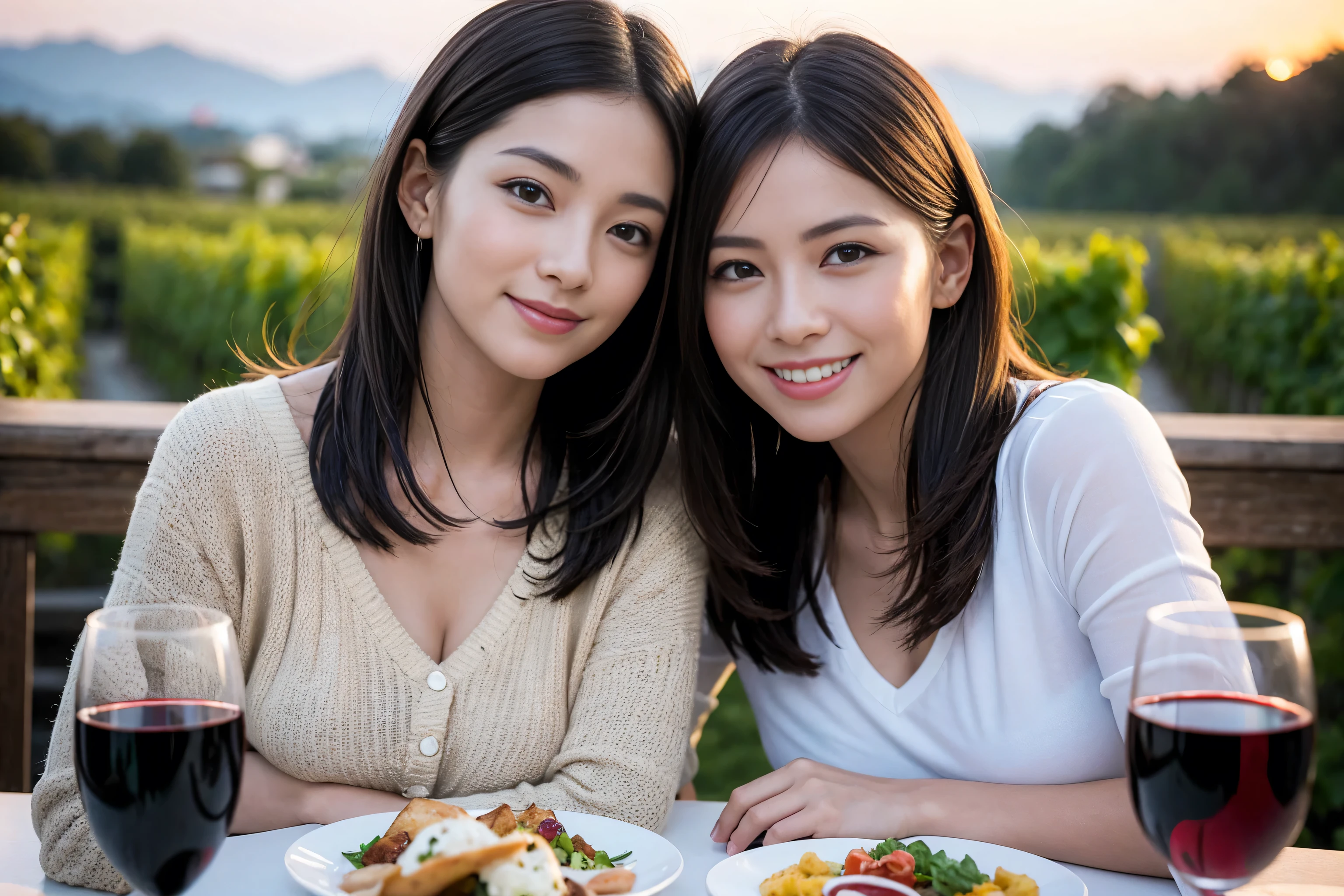 (Realistic:1.1),(masterpiece,Highest quality),8k,(49 years old), 50 years old, slimカップル、Tight waist,Upper Body,full-course dinner、wine 、Amazing view of the sunset sky and clouds、Perfect Anatomy, Brown Hair, short hair,Random Hairstyles,((Highly detailed face and eyes:1.2)),Perfect golden ratio face,Long sleeve shirt、dress,(smile:1.2)、Shortcuts、cute、(Realistic, Intricate details:1.2), A bright smile、short hair,Bright Face、赤wine 、Appetizers、Italian food、wine bottle、Champagne、スパークリングwine、(slimな顔), (The body is slim), (Brown Hair), (Shortcuts), Upper Body, 白wine, slim, wineグラス,