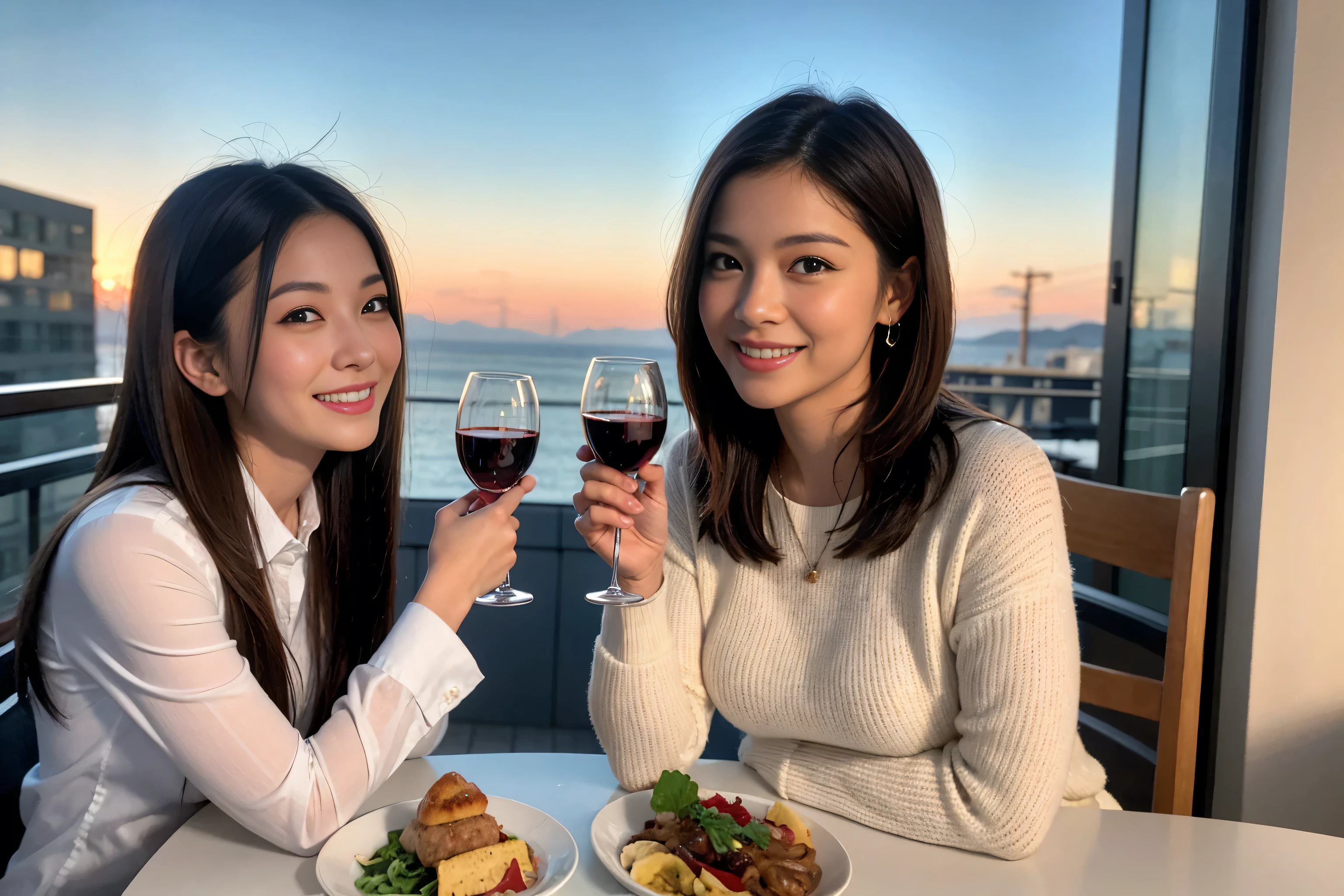 ((highest quality、8k、masterpiece:1.3))、1 woman who resembles Satomi Ishihara、Beauty Couple、Lovers、Couple、full-course dinner、The body is slim、((Bob Hale、Straight hair:1.2)), (Realistic, Intricate details:1.2), Wine glass on the table、Lighting the face、 Amazing view of the sunset sky and clouds、A bright smile、The wonderfulness of smile、Bright image、Beautiful Face, short hair,Bright Face、 (42 years old), 39 years old, red wine 、Appetizers、Italian food、Wine bottle、Champagne、sparkling wine、Two beauties、Brown Hair、Shortcuts、Long sleeve shirt、dress、Nova Frog Style, actress, model, Upper Body, White wine, slim, wine glass, A wine glass placed in the center, smile, (smile: 1.15), Beautiful fine grain, Depth f/2,saturation, High Contrast, Strong light and shadow,Moist Body:1.5、3D texture、Delicate eyes、Brown Hair、The hair is very shiny、