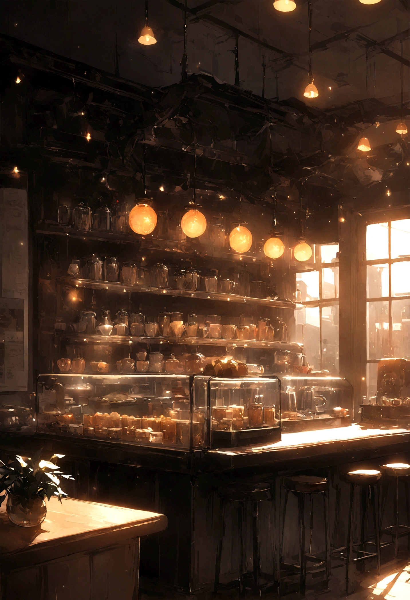 best quality，A high-quality coffee shop，Have nice atmosphere lighting，High-end decoration，High space utilization