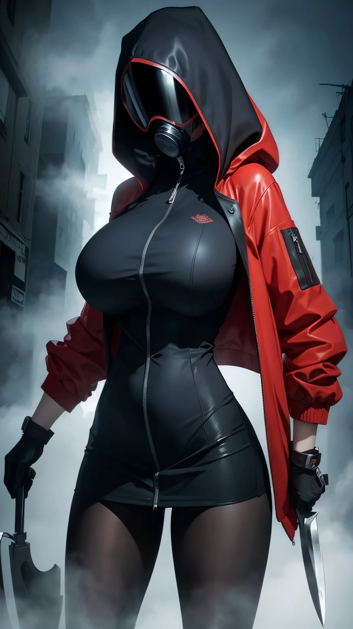 Silent hill city, fog, huge boobs, huge hips, darkness woman black hair, full zip coat black, long polo shirt, pencil mini skirt, pantyhose, hood, gloves, knife, fog, strong stance,