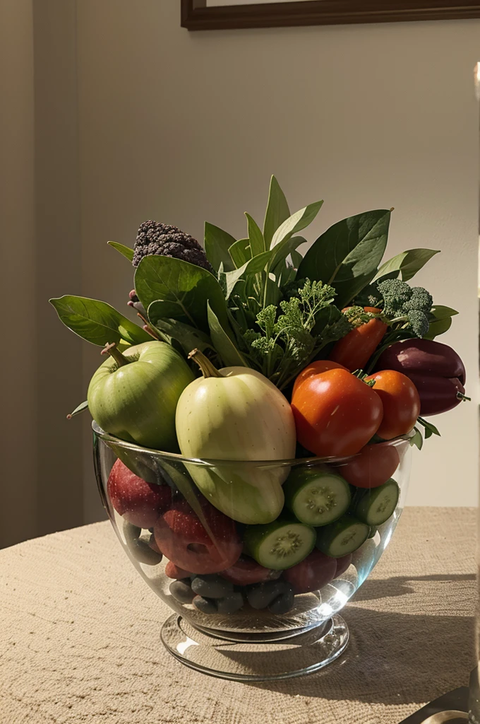 Illustration of still life vegetables in a crystal vase on the table.