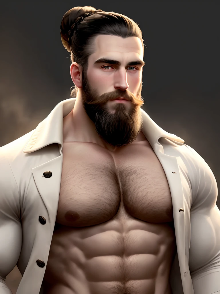 2 35-year-old white men,With a beard,Black straight hair,Top bun,Big nose,Full chest muscles,Six-pack abs,Sexy and charming expression
