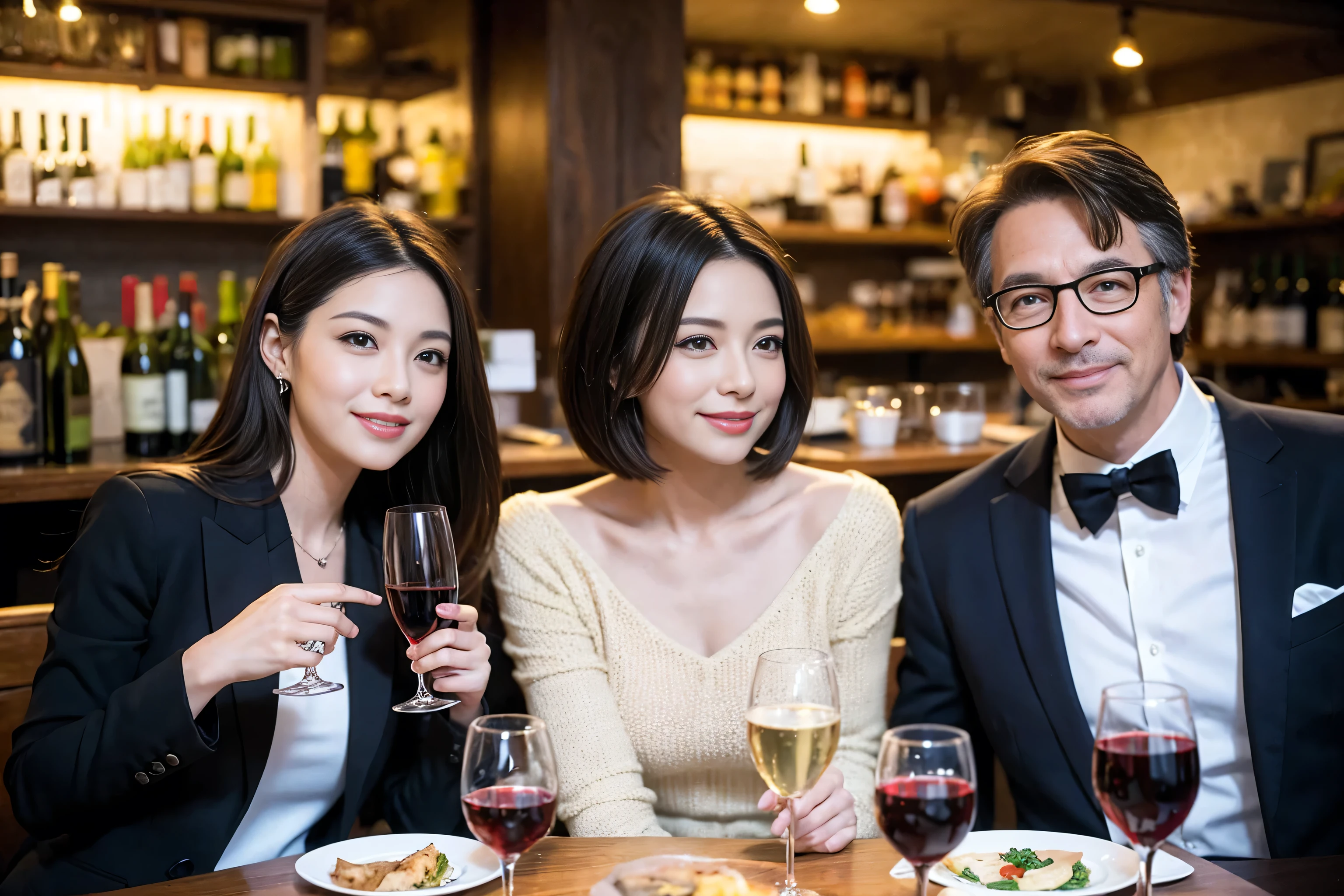 ((highest quality、8k、masterpiece:1.3))、1 male 1 female、spouse、Beautiful couple、smile、 (Slim face), (the body is スリム), (Brown Hair), (Shortcuts), ((Bob Hale、Straight hair:1.2)), Wine glass on the table、Please shine a light on my face、 Amazing view of the sunset sky and clouds、Amazing mountain views、The beauty of a smile、Bright image、Blushing, Shortcuts,Bright Face、 (42 years old), 39 years old, red wine 、Appetizers、Italian food、Wine bottle、Champagne、sparkling wine、Long sleeve shirt、dress、Attractive beauty、restaurant, Nova Frog Style, actress, model, Upper Body, White wine, red wine, wine glass,