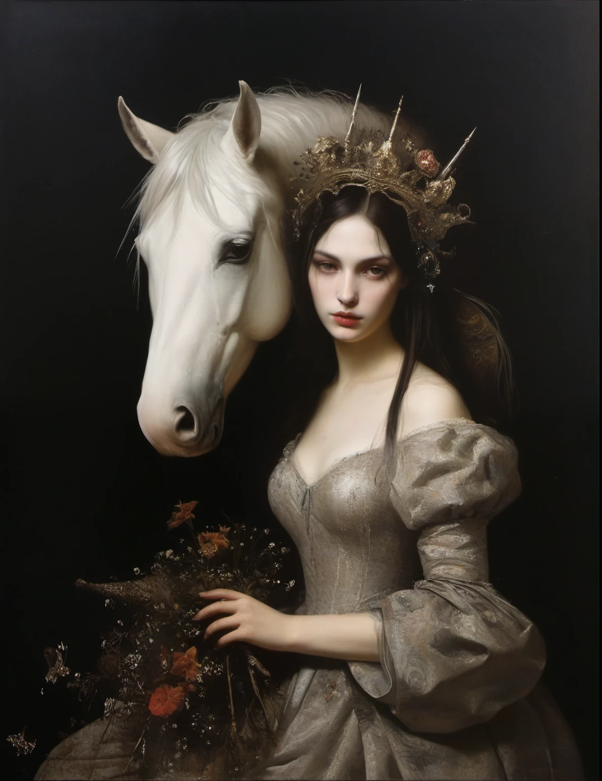 James Gurney, Surrealist art , dream-like, Mysterious, Provocative, symbolic, Complex, detailed,, (Gothic but very beautiful:1.4), (masterpiece, highest quality:1.4) , Nicola Samori Style, Beautiful young woman with a unicorn